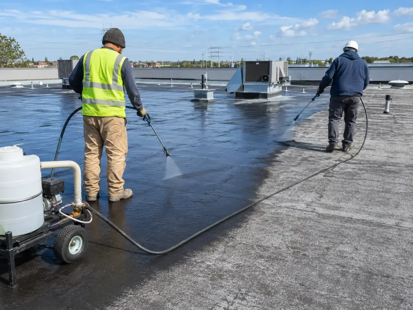 Roofers applying rejuvenation treatment on a commercial roof