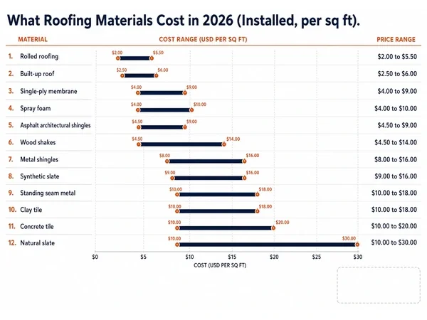Bar chart comparing 2026 installed cost per square foot for 12 roofing materials