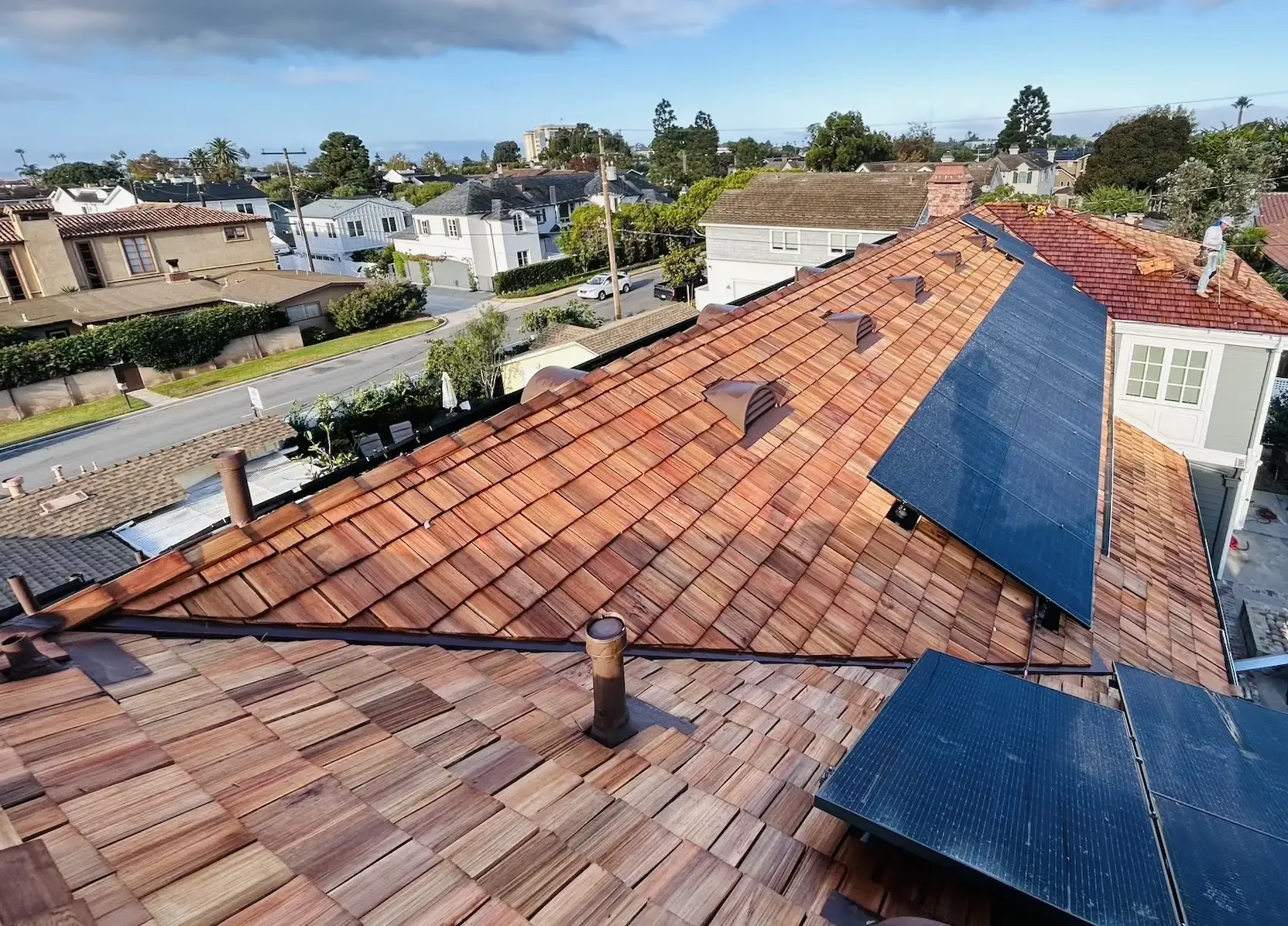 Solar panels installed on a residential shake roof