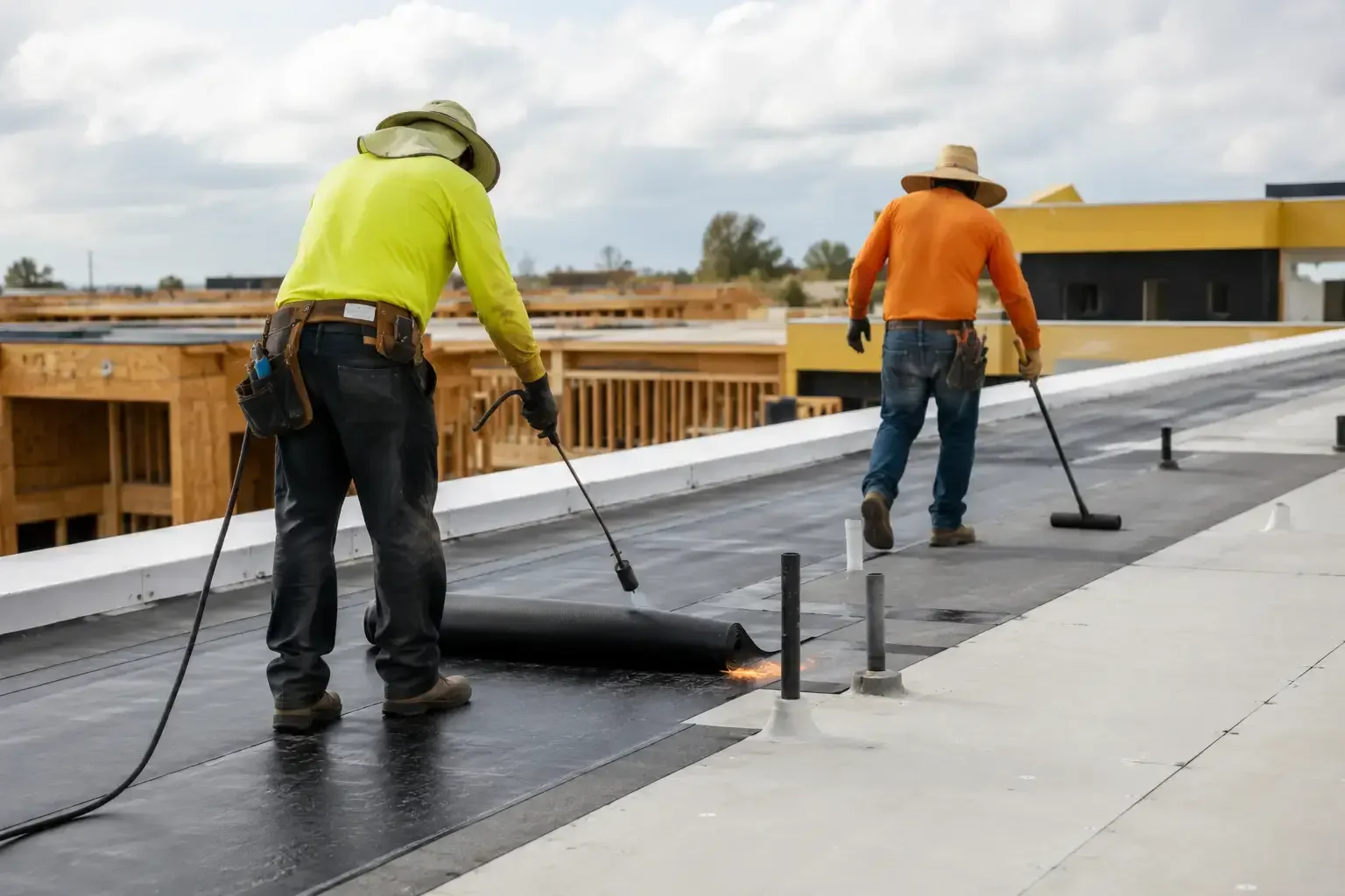 Roofing crew installing membrane roof on new construction