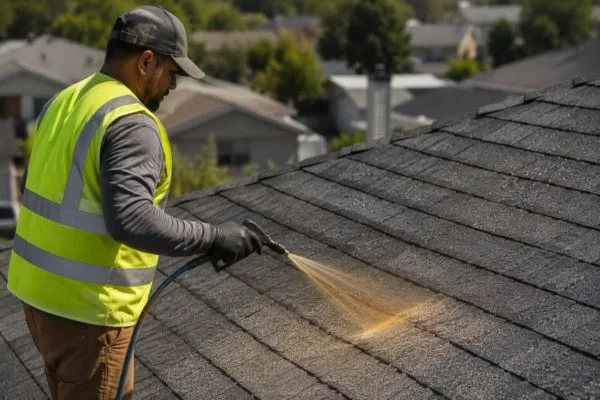Technician spraying bio-oil rejuvenation onto asphalt shingles