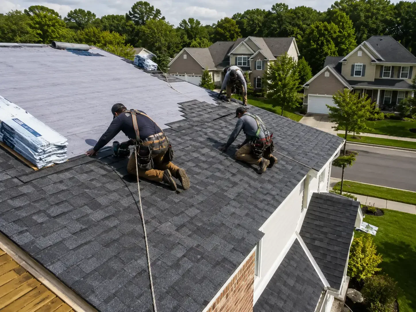 Roofers installing new shingles on a residential roof