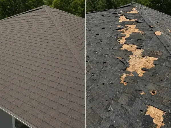 Aerial view of storm-damaged roof with missing shingles and hail impact marks requiring replacement assessment