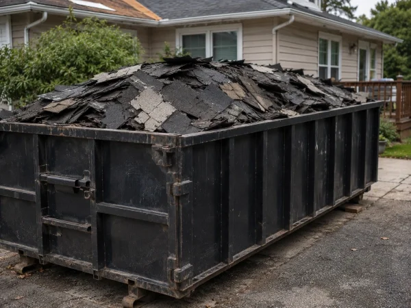 Torn-off asphalt shingles filling a dumpster, the waste roof rejuvenation avoids