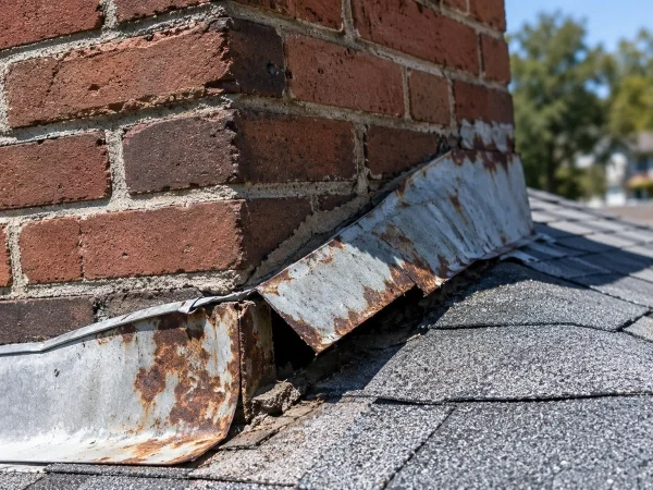 Rusted lifted flashing around a chimney, a common roof leak repair