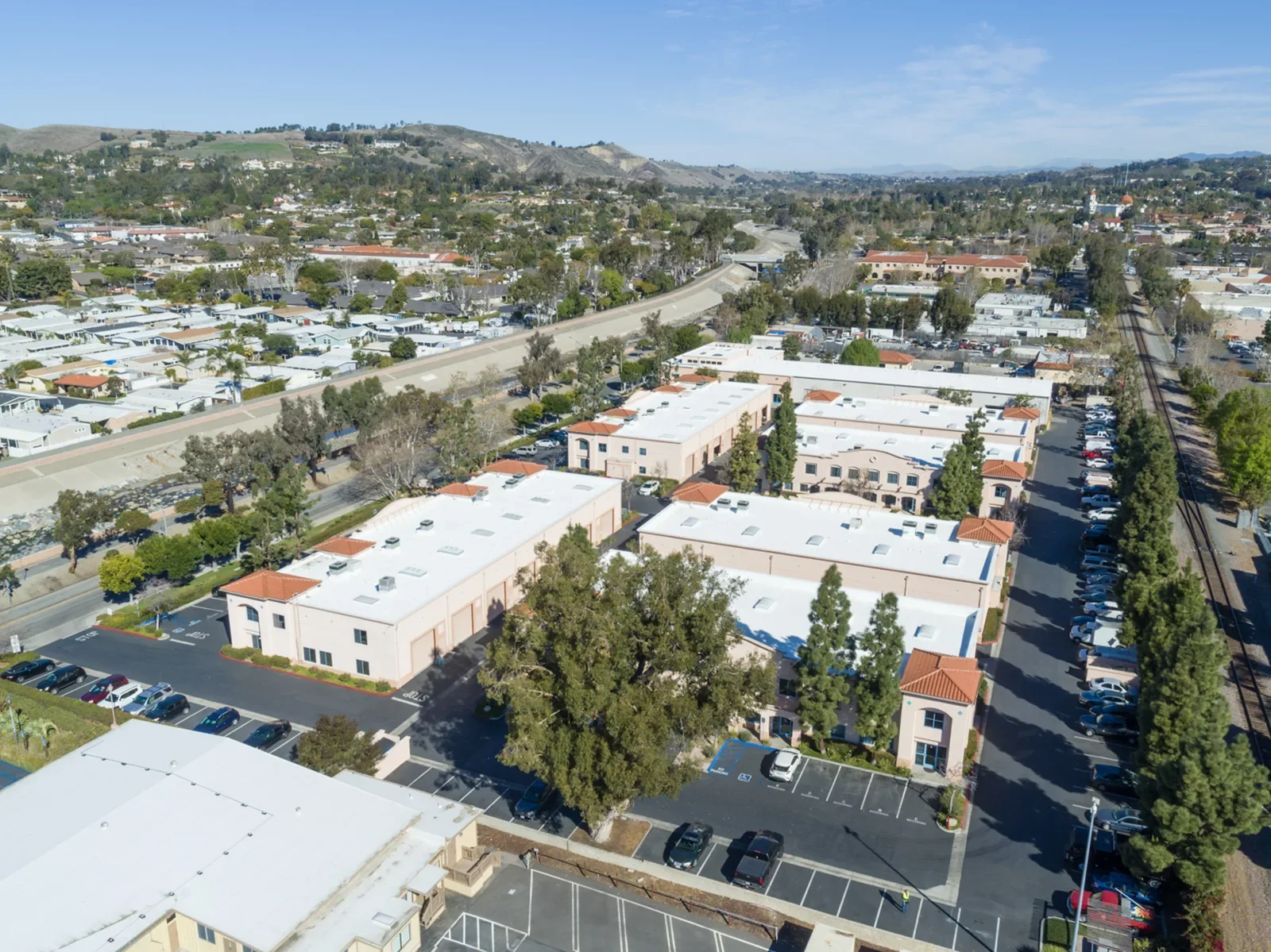 Aerial view of a business complex with commercial buildings