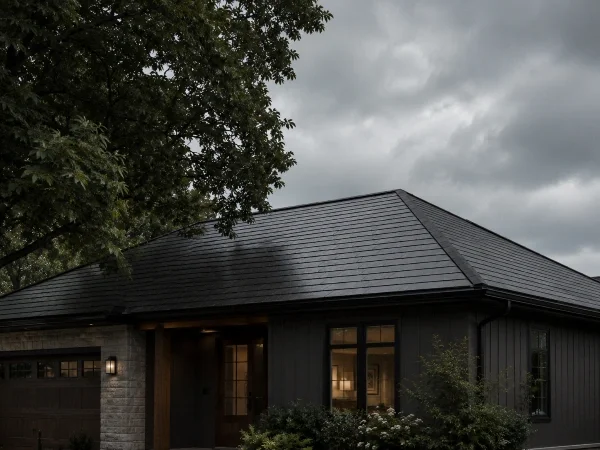 Solar roof under an overcast sky with tree shade reducing sunlight