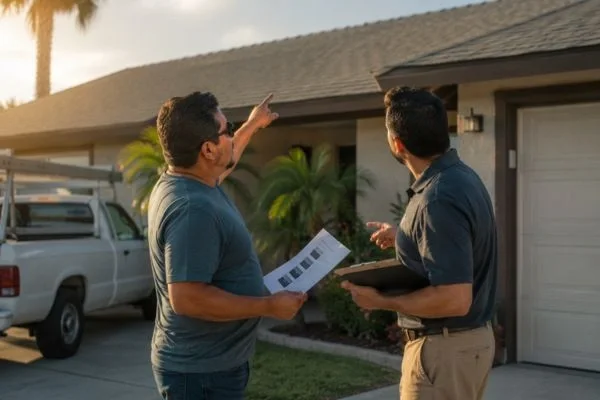 Homeowner and roofer reviewing roof inspection report