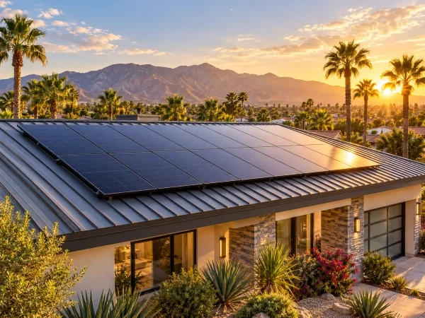 Completed solar panel installation on a metal roof in Southern California