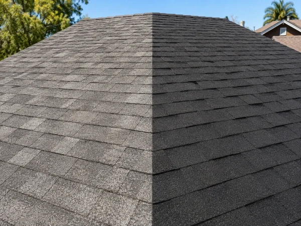 Before and after asphalt shingles treated with a roof rejuvenation product