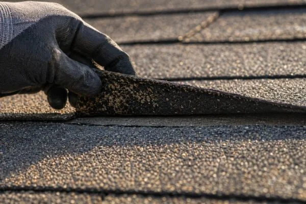 Roofer inspecting asphalt shingle condition before treatment