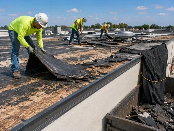 Workers tearing off an old commercial roof during a re-roofing project