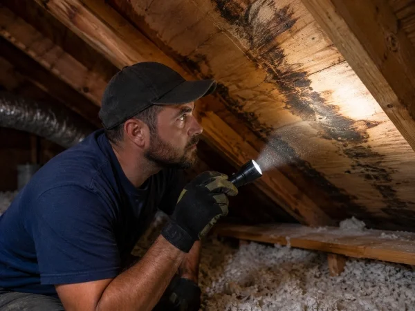 Roofer using a flashlight in an attic to find a roof leak