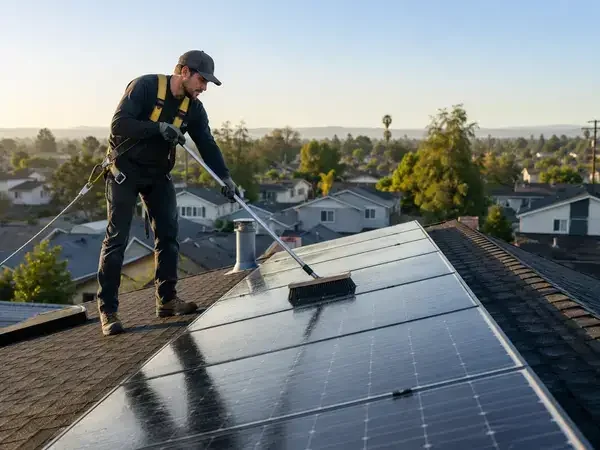solar panel roof maintenance technician cleaning panels on residential rooftop suburban neighborhood