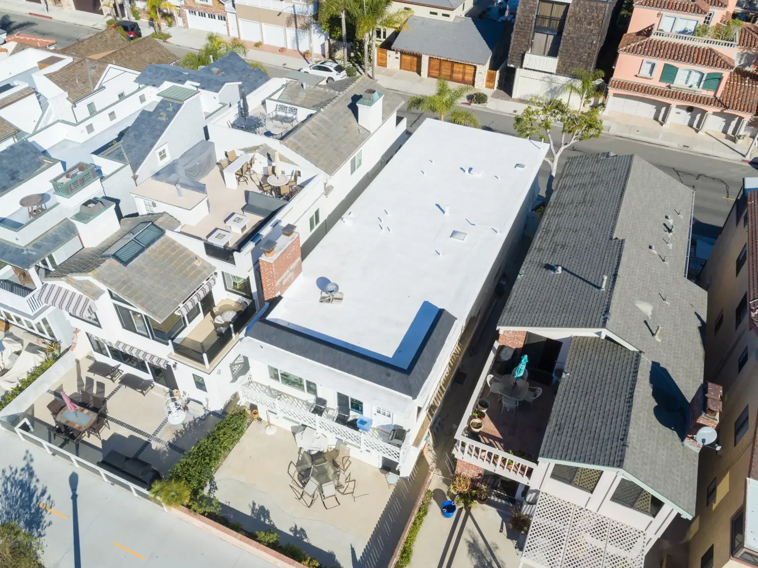 Aerial view of a completed residential roofing project