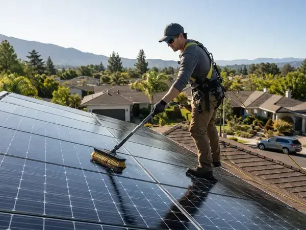 Solar panel roof maintenance technician cleaning panels on residential rooftop suburban neighborhood