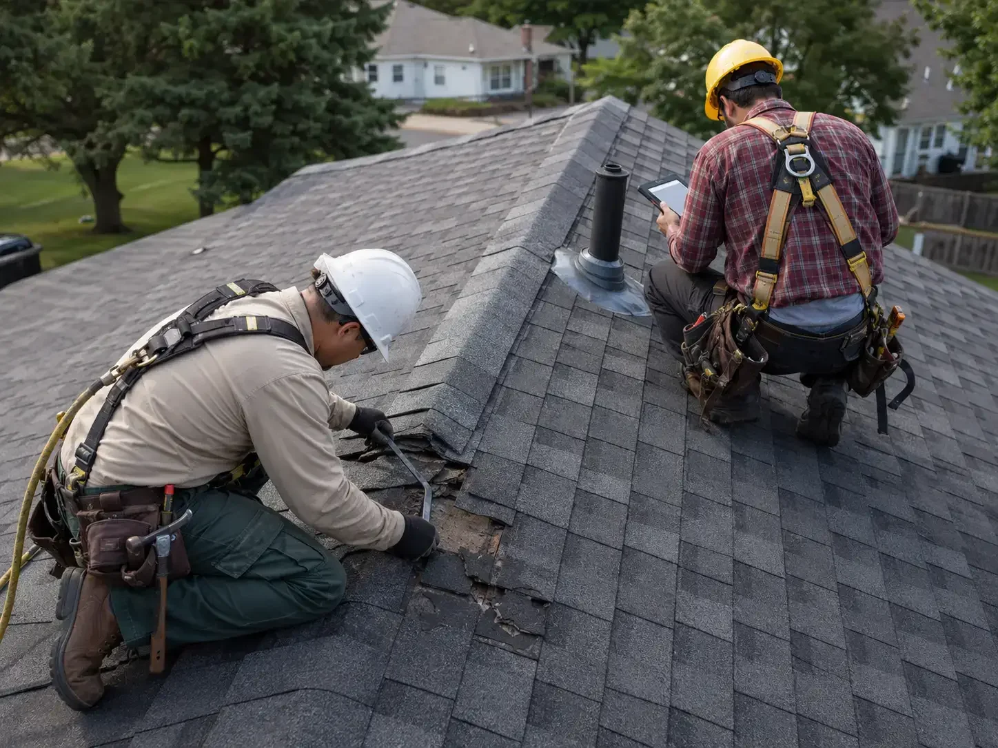 Roofers inspecting and repairing damaged residential shingles
