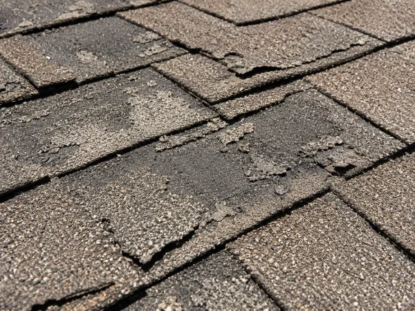 Aging asphalt shingles with granule loss and curling before roof rejuvenation