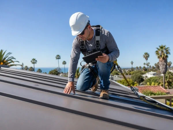 Roofer inspecting a metal roof for solar readiness and warranty condition