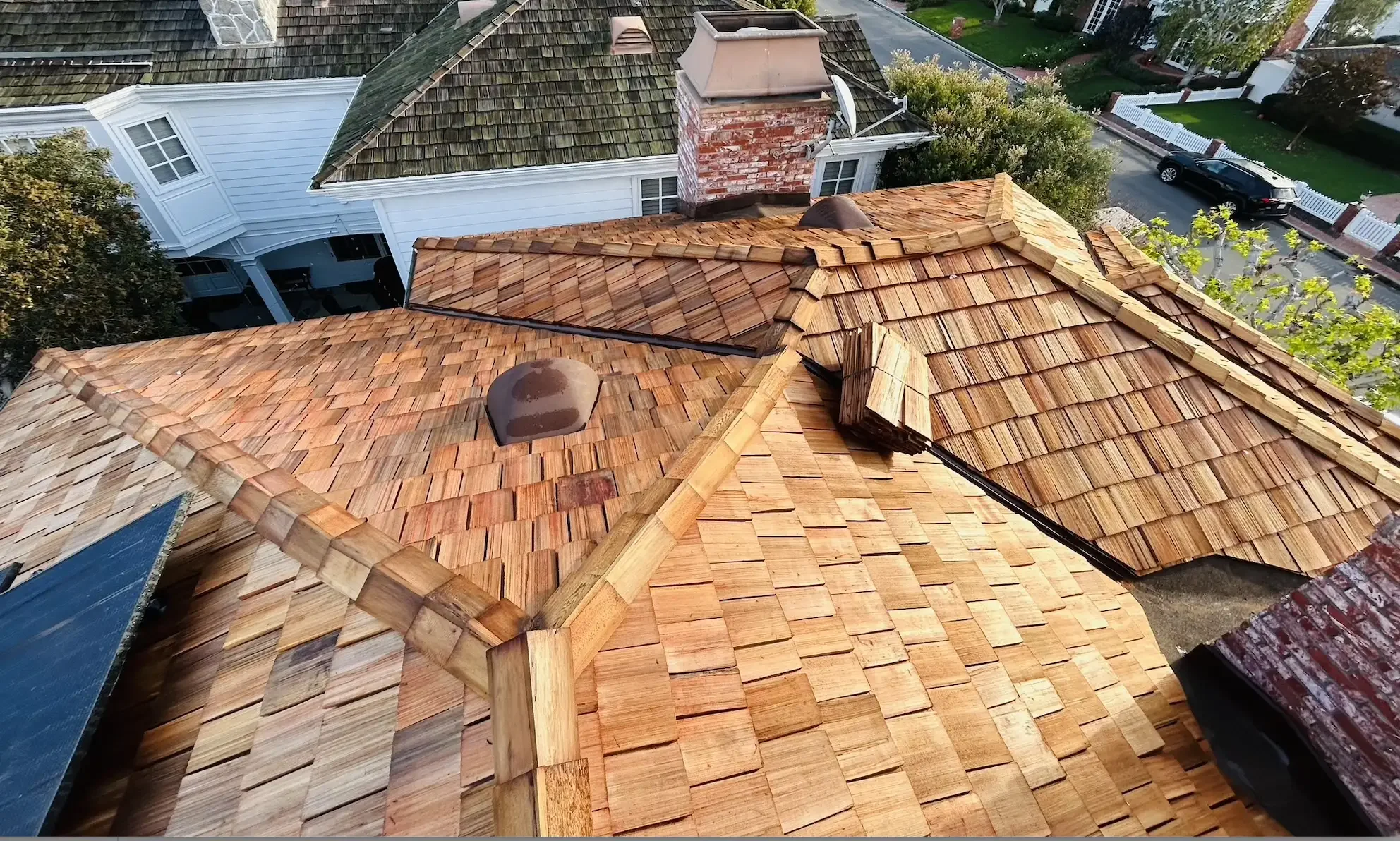 Newly installed cedar shake roof on a residential home