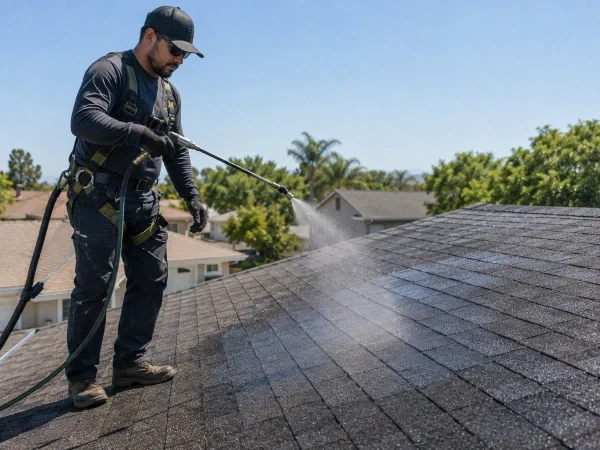Technician applying spray-on roof rejuvenation treatment to asphalt shingles