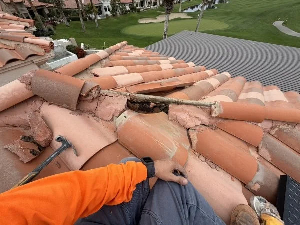 Damaged clay roof tiles requiring professional roof repair services.