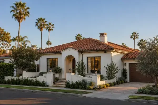 Clay tile hip roof on a Southern California Spanish-style home