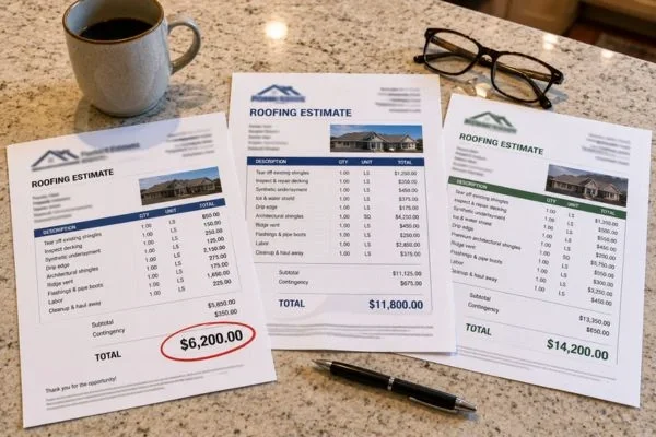 Three roofing estimates compared on kitchen counter