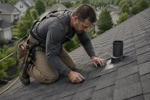 Roofing professional conducting a roof inspection on residential home checking for replacement signs