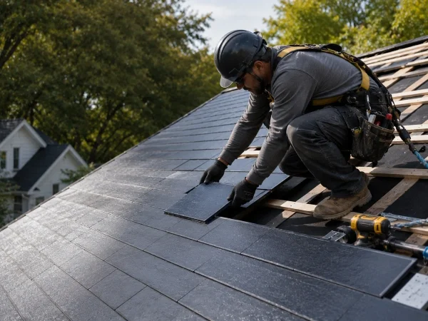Roofing installer fitting solar shingles during a solar roof installation
