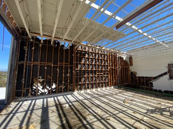 Exposed roof framing during major building reconstruction project