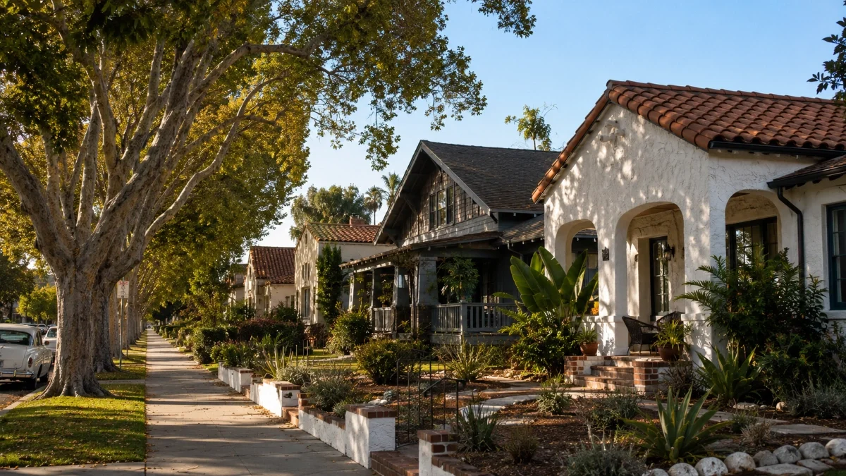 Older Santa Ana historic neighborhood street with clay tile and shingle roofs