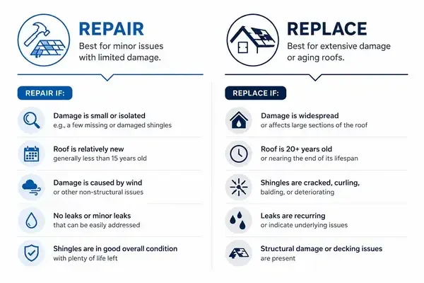 Infographic showing roof repair vs replacement cost comparison decision matrix for homeowners in 2026