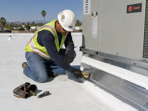 Roofer inspecting flashing on a commercial roof during a professional roof inspection