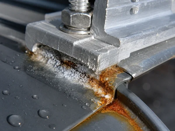 Galvanic corrosion where an aluminum solar bracket meets a steel metal roof