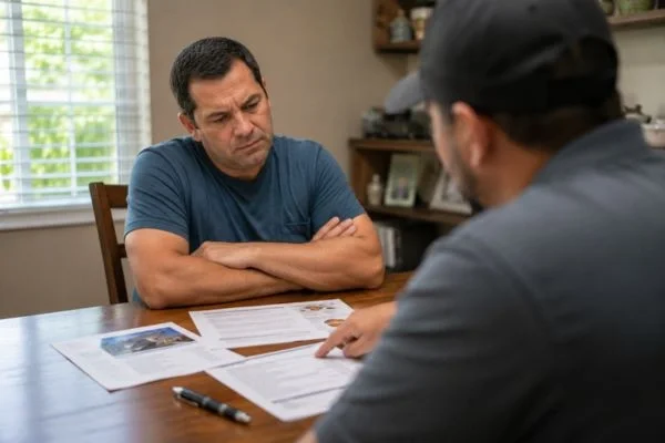 Homeowner uncomfortable during high-pressure roofing sales pitch