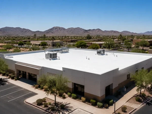 Reflective white cool-roof coating on a desert commercial building