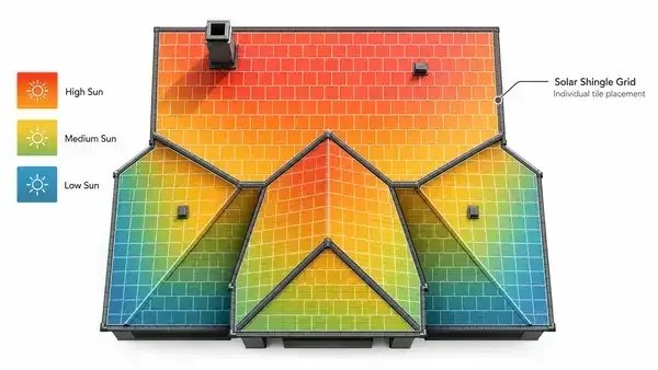 Infographic diagram showing solar shingle count layout on residential roof with sun exposure zones