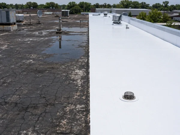 Before and after of a commercial roof installation with new membrane and flashing