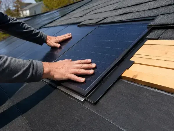 Close-up of solar shingle BIPV installation flush into roof deck with integrated flashing detai