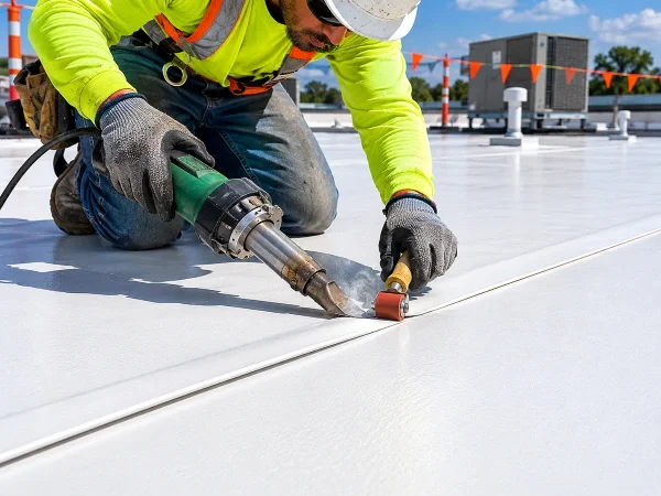Roofer heat-welding a TPO seam during a commercial roof installation