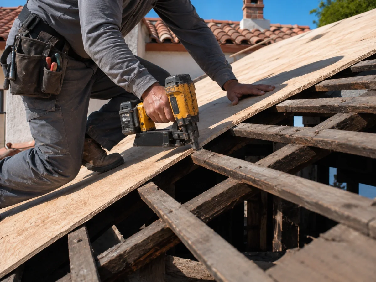 Roofer installing new plywood decking over original spaced sheathing on an older Santa Ana home