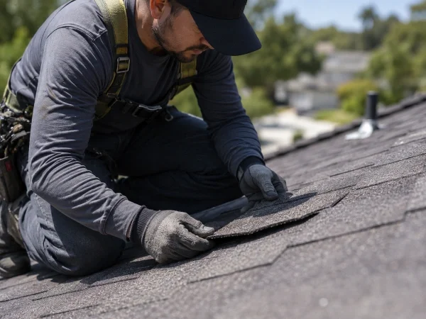 Roofer inspecting shingle condition before recommending roof rejuvenation