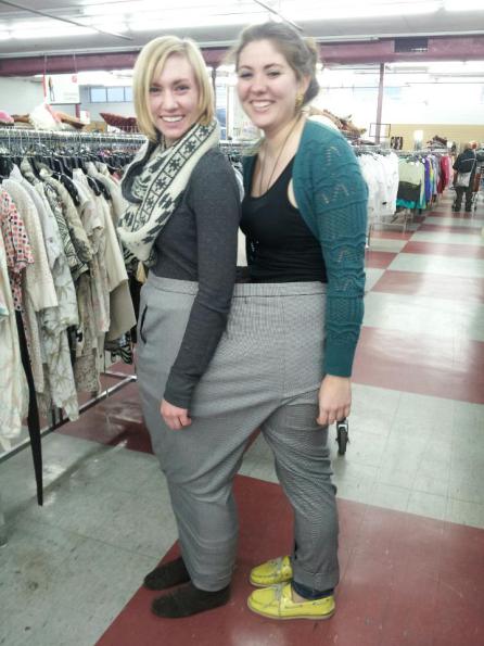 My friend Emily and me sporting a pair of pants in a local Salvation Army.