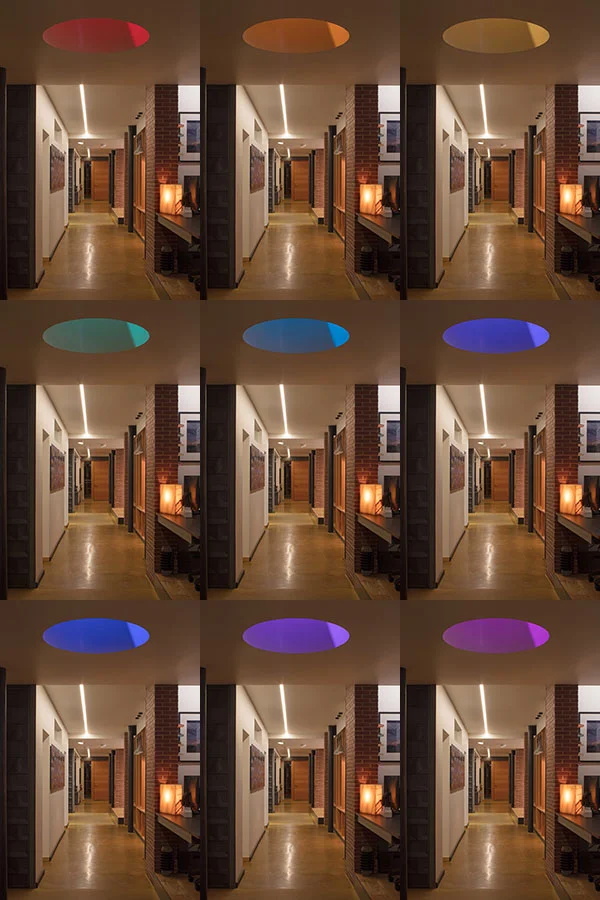 Montage of skylight/lightwell images showing color changing LED options