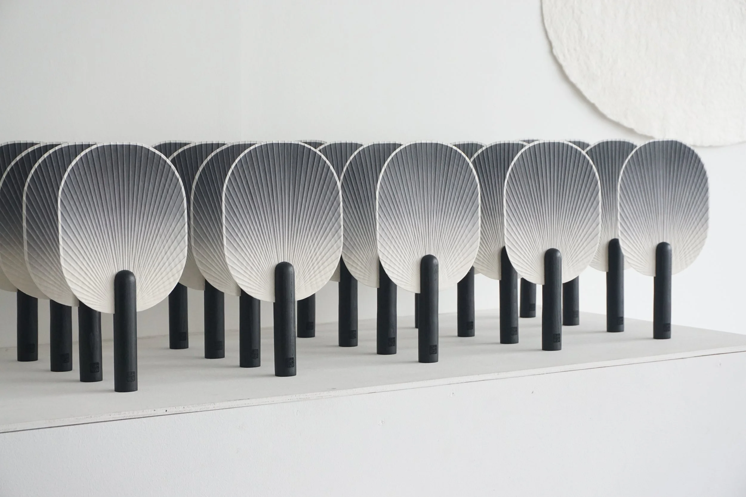 rows of  forest breeze monochrome fans in display