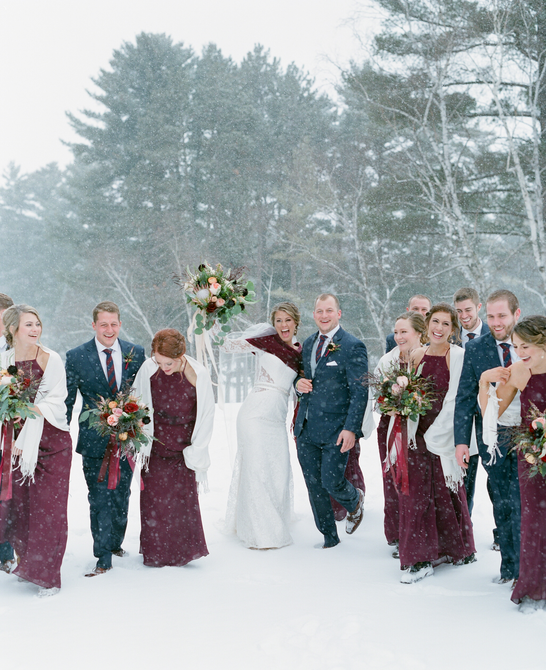 Navy and Burgundy winter wedding bridal party portrait