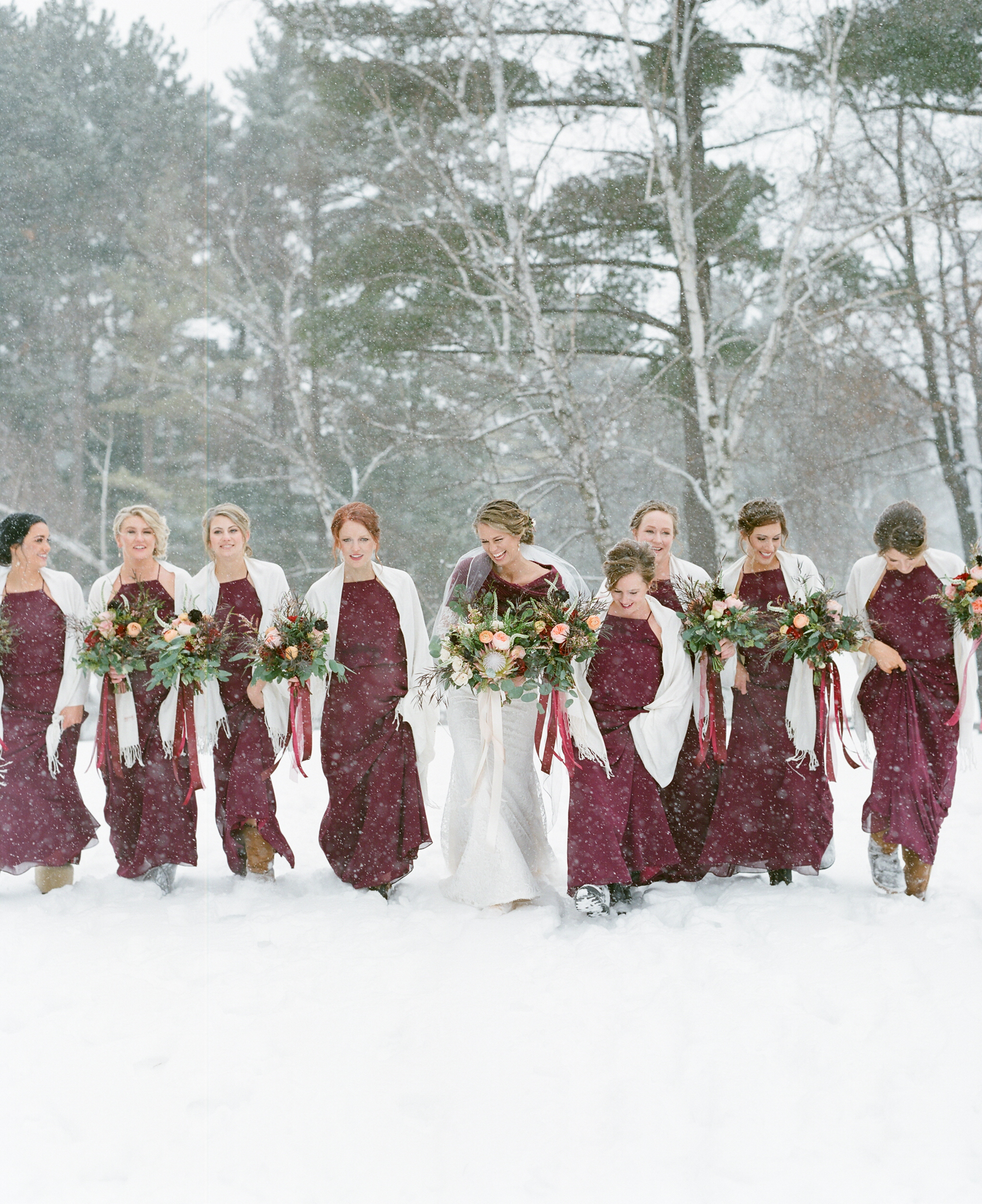 winter wedding burgundy bridesmaid dresses and flowers