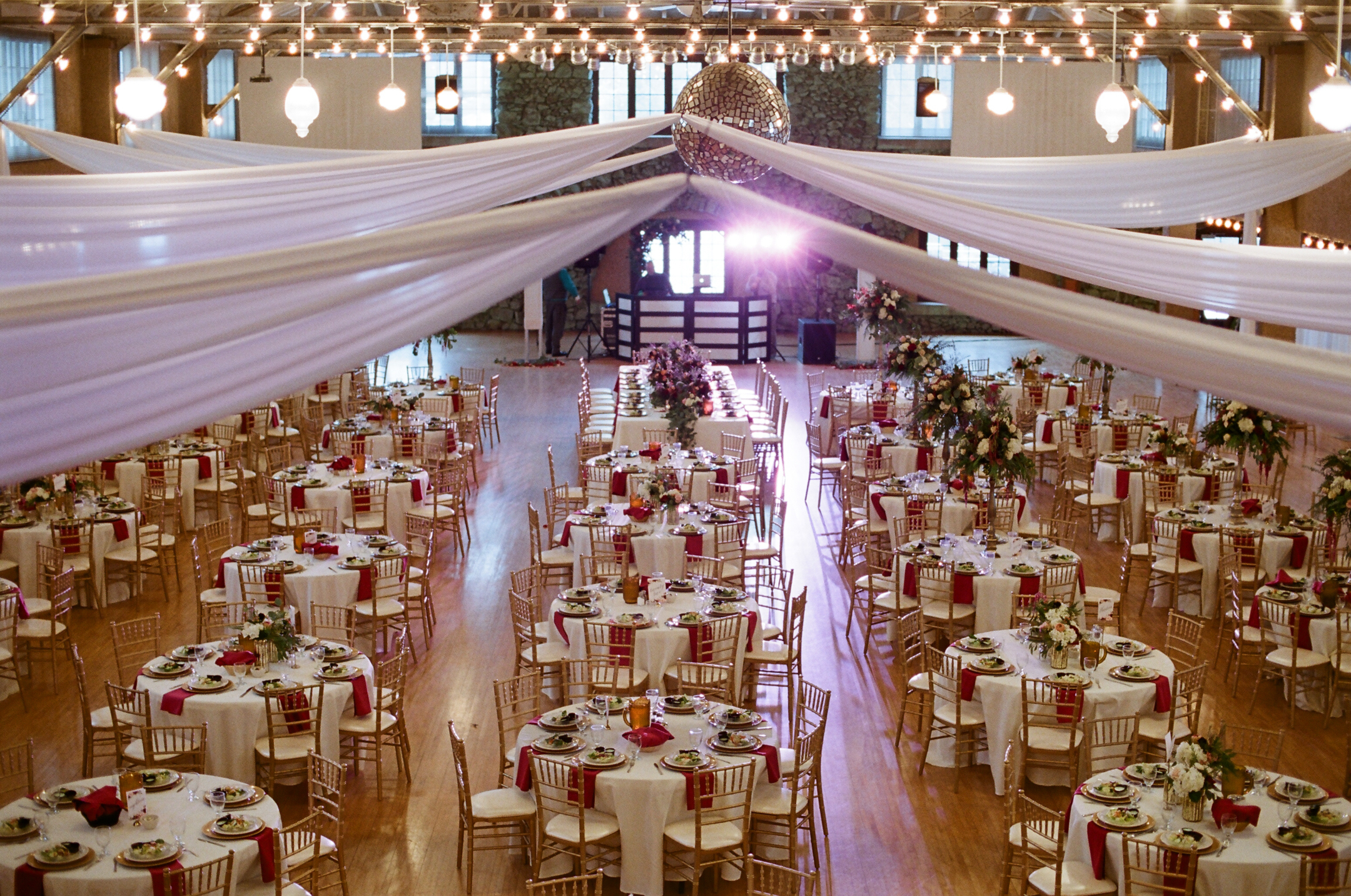 burgundy and gold Rothschild Pavilion winter wedding reception