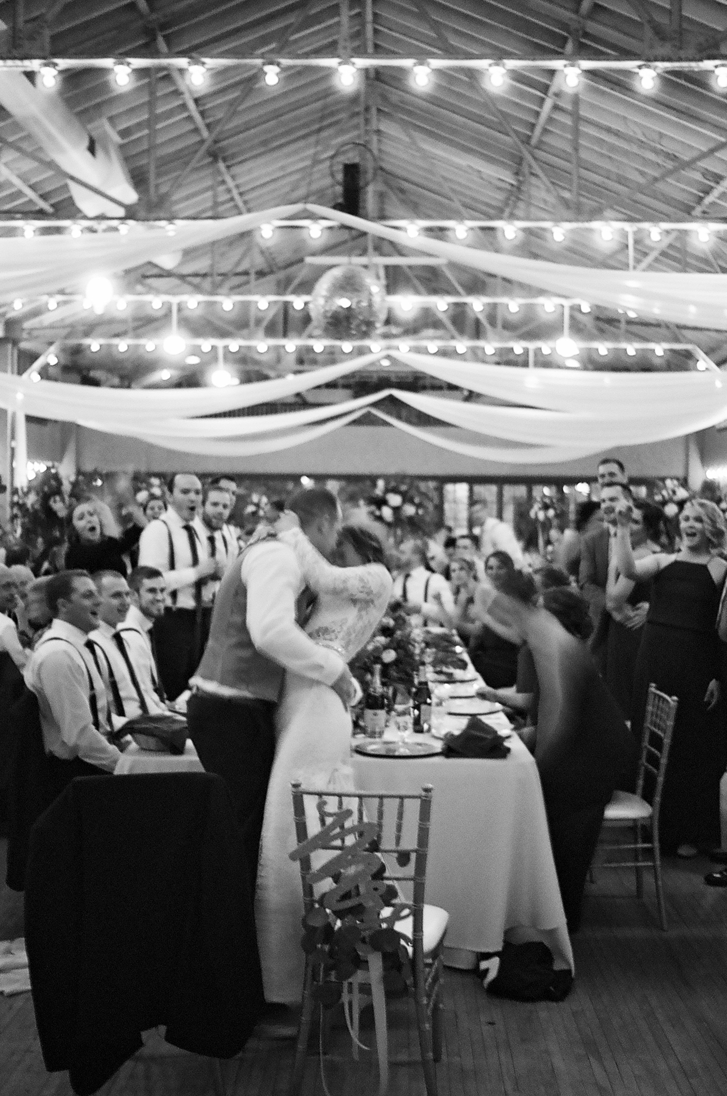 black and white film moment at Rothschild Pavilion winter wedding